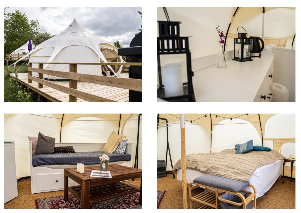 Indvendig udsigt af glampingteltet på Kongsøre Camping – Teltet er elegant indrettet med en komfortabel seng, en hyggelig sofa og et bord, der skaber en luksuriøs og afslappende atmosfære midt i naturen